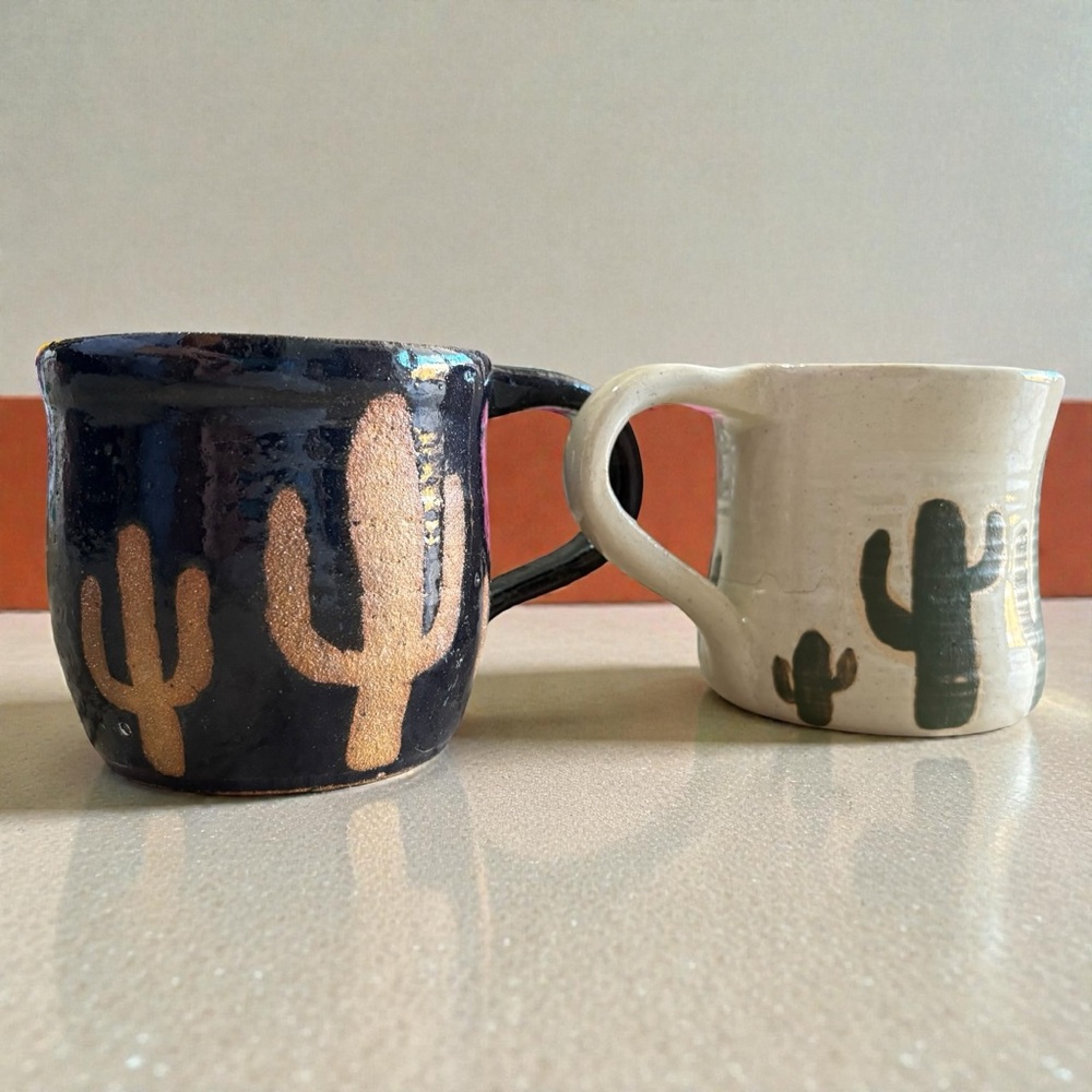 Vintage Cactus Mugs Studio Pottery Signed GEM 1975 Set Of 2 Black and Cream